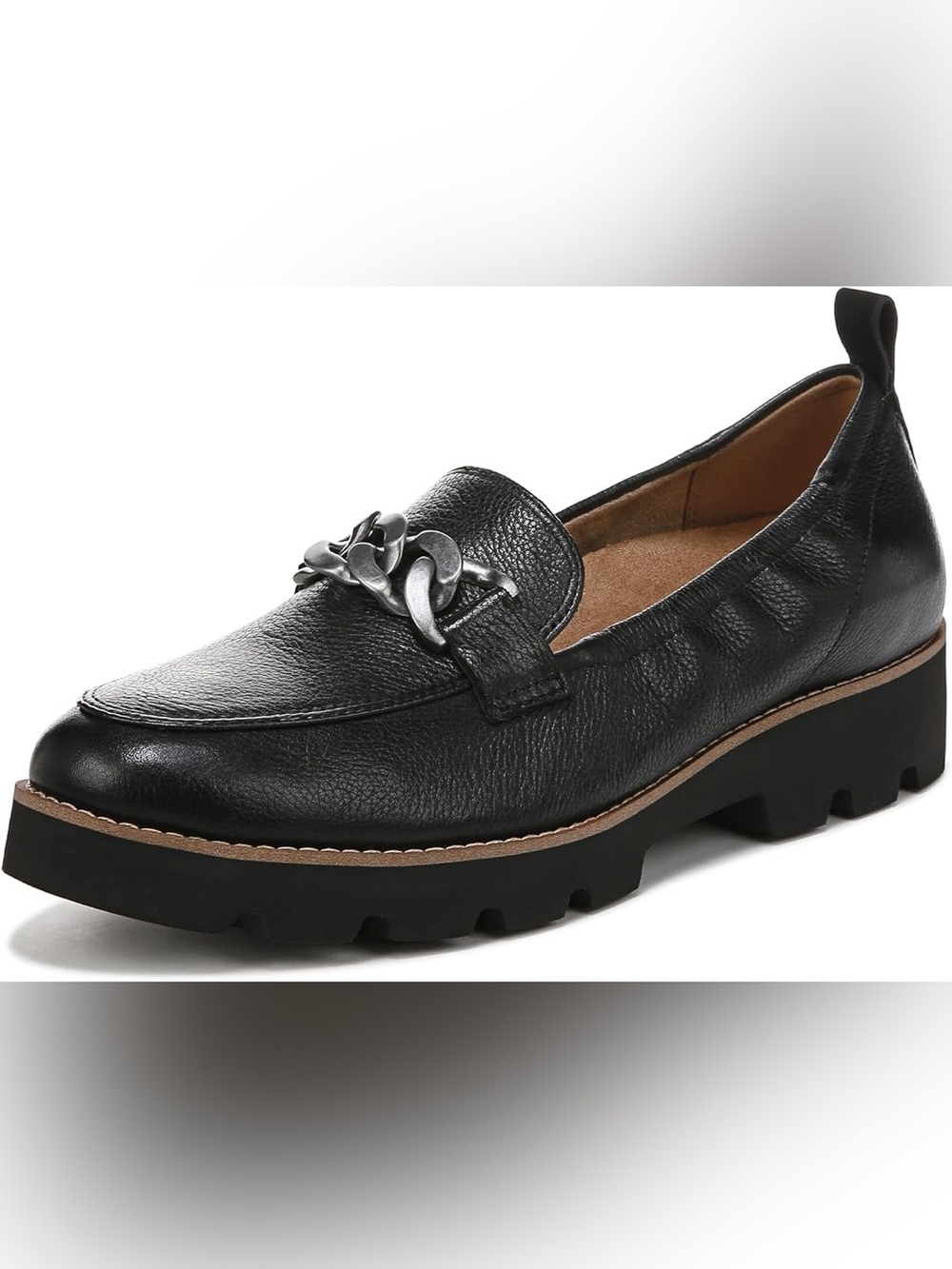 Vionic Cynthia loafers featuring a distinctive silver-tone chain detail